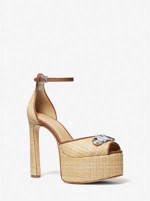 Michael Kors Martina Straw Peep-Toe Platform Pump Women Sandals NATURAL/LUGGAGE | USAYXM1925