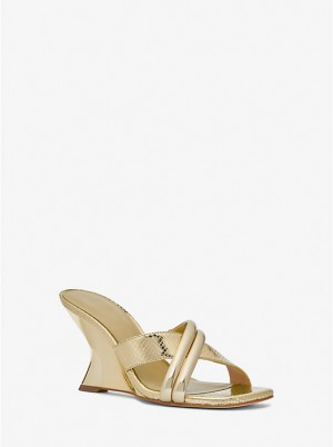 Michael Kors Nadina Metallic Snake Embossed Leather Mule Women Sandals PALE GOLD | USASGY1931