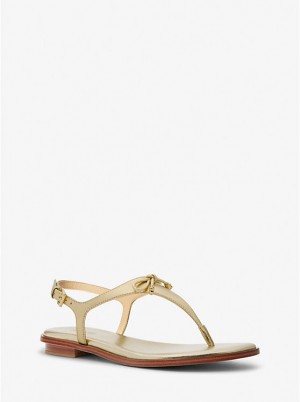 Michael Kors Nori Metallic Leather T-Strap Women Sandals PALE GOLD | USAGSO1934