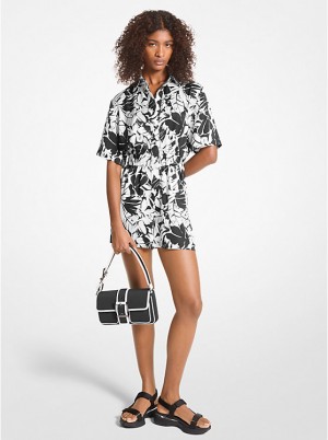 Michael Kors Palm Print Satin Romper Women Dress BLACK/WHITE | USAGSY1310