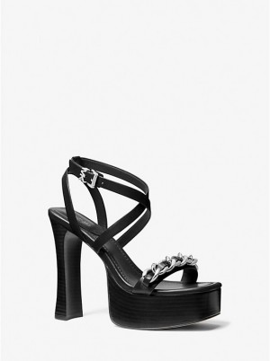 Michael Kors Paola Chain Embellished Leather Platform Women Sandals BLACK | USAHAP1935