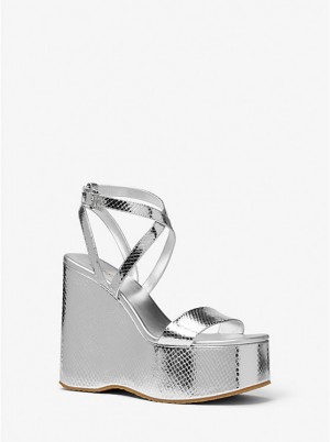 Michael Kors Paola Metallic Snake Embossed Leather Wedge Women Sandals SILVER | USAXYG1940