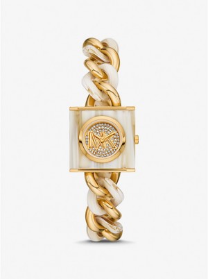 Michael Kors Petite Lock Pavé Gold-Tone and Acetate Chain Women Watch HORN | USATCM1655