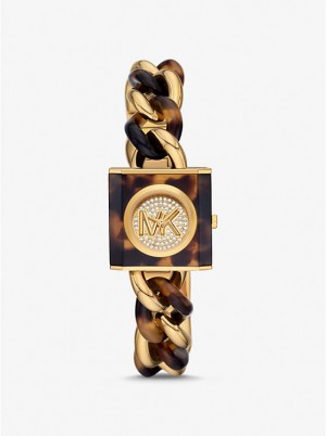 Michael Kors Petite Lock Pavé Gold-Tone and Tortoiseshell Acetate Chain Women Watch TORTOISE | USARVQ1656