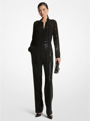 Michael Kors Pinstripe Sequined Georgette Jumpsuit Women Dress BLACK | USALIP1314