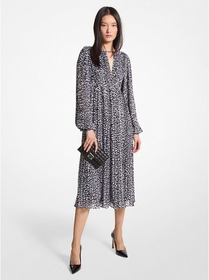 Michael Kors Pleated Leopard Print Georgette Midi Women Dress BLACK/WHITE | USACTD1317