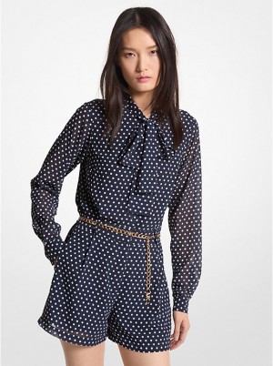 Michael Kors Polka Dot Georgette Belted Tie-Neck Romper Women Dress MIDNIGHTBLUE | USAVRF1318