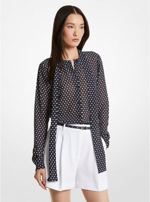 Michael Kors Polka Dot Georgette Tie-Neck Women Blouse MIDNIGHTBLUE | USATCJ1456