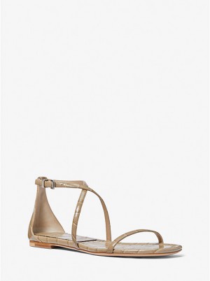 Michael Kors Polly Crocodile Embossed Leather Women Sandals SAND | USABEK1943