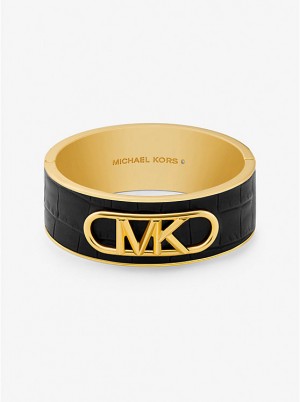 Michael Kors Precious Metal-Plated Brass and Crocodile Embossed Empire Logo Women Bangle BLACK | USARVU1500