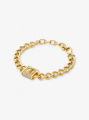 Michael Kors Precious Metal-Plated Brass Pavé Lock Curb Link Women Bracelet GOLD | USAVRY1526