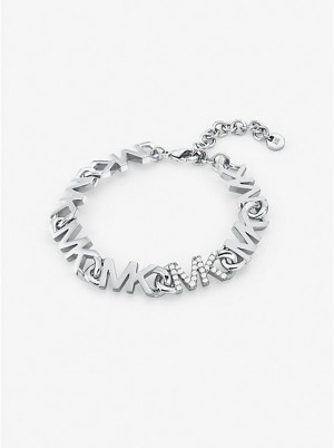 Michael Kors Precious Metal-Plated Brass Pavé Logo Chain Women Bracelet SILVER | USABEU1527