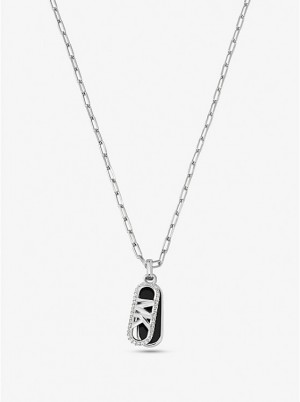 Michael Kors Precious Metal-Plated Brass and Acetate Pavé Empire Logo Women Necklace SILVER | USAQMI1555