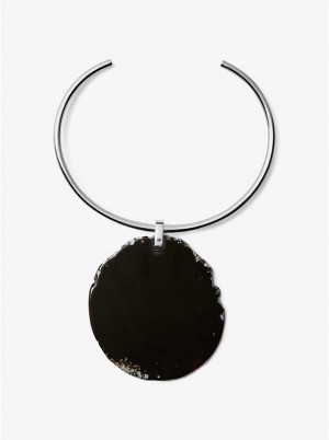 Michael Kors Precious Metal-Plated Brass and Agate Collar Women Necklace BLACK/SILVER | USAWNP1557