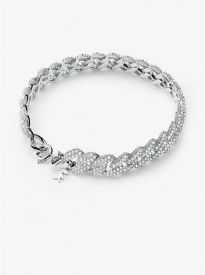 Michael Kors Precious Metal-Plated Sterling Silver Pavé Curb Link Women Bracelet SILVER | USAVRD1533