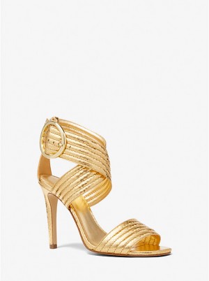 Michael Kors Remi Metallic Snake Embossed Leather Women Sandals GOLD | USAMQX1946