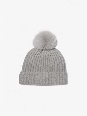 Michael Kors Ribbed Cashmere Beanie Women Hat PEARL GREY | USABET1012