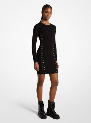 Michael Kors Ribbed Stretch Knit Lace-Up Women Dress BLACK | USANWL1323