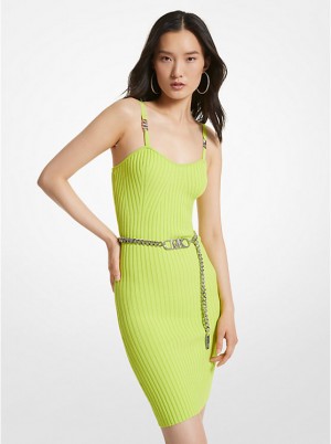 Michael Kors Ribbed Stretch Viscose Belted Bustier Women Dress BRT LIMEADE | USAZUB1328