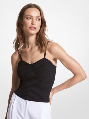 Michael Kors Ribbed Stretch Viscose Cropped Women Tank Top BLACK | USAXYJ1483