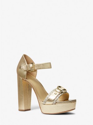 Michael Kors Rory Metallic Leather and Signature Logo Platform Women Sandals PALE GOLD | USALIQ1953