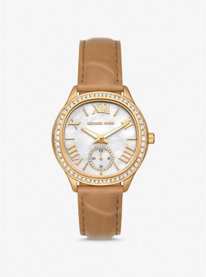 Michael Kors Sage Pavé Gold-Tone and Crocodile Embossed Leather Women Watch PEANUT | USAAHG1670