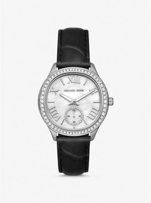 Michael Kors Sage Pavé Silver-Tone and Crocodile Embossed Leather Women Watch BLACK | USADFJ1672