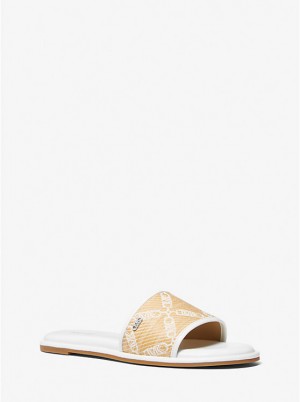 Michael Kors Saylor Empire Logo Jacquard Straw Slide Women Sandals NAT/OPTICWHT | USAFDY1958