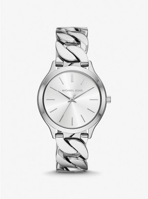 Michael Kors Slim Runway Silver-Tone Curb-Link Women Watch SILVER | USAJPX1676