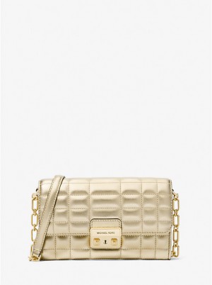 Michael Kors Tribeca Large Metallic Leather Convertible Women Crossbody Bag PALE GOLD | USAAHI1150