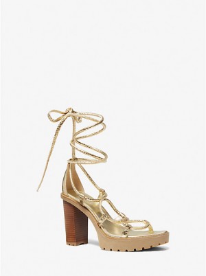 Michael Kors Vero Metallic Snake Embossed Leather Platform Women Sandals PALE GOLD | USAQMZ1972