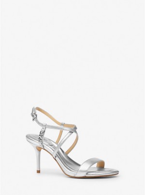 Michael Kors Veronica Metallic Leather Women Sandals SILVER | USAWNX1973