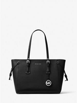 Michael Kors Voyager Medium Crossgrain Leather Women Tote Bag BLACK | USAKOQ1278