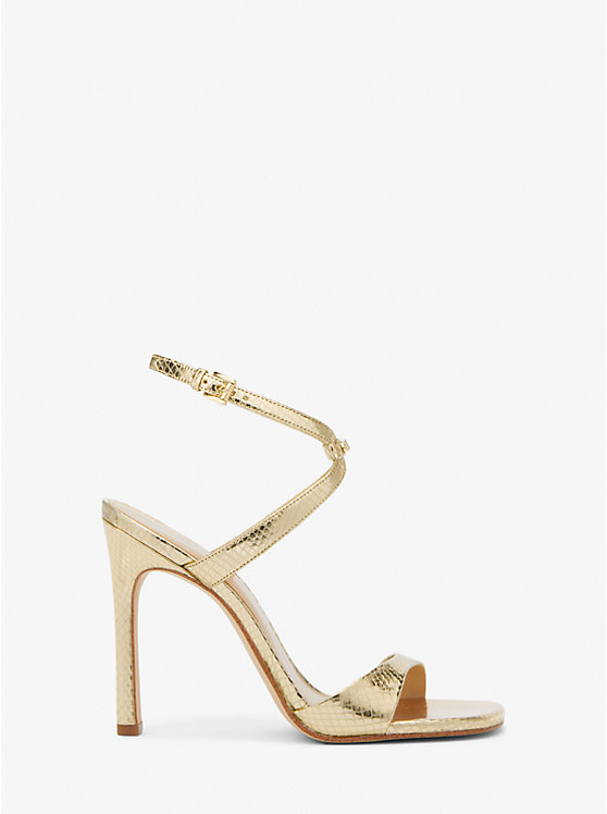 Michael Kors Amara Metallic Snake Embossed Leather Women Sandals PALE GOLD | USAQMQ1764