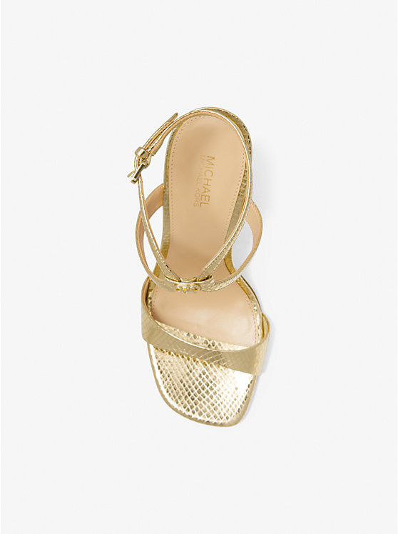 Michael Kors Amara Metallic Snake Embossed Leather Women Sandals PALE GOLD | USAQMQ1764