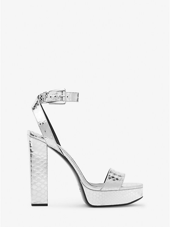 Michael Kors Anabelle Metallic Python Embossed Leather Platform Women Sandals SILVER | USARVR1767