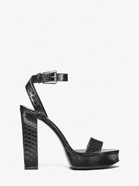 Michael Kors Anabelle Python Embossed Leather Platform Women Sandals GUNMETAL | USATCT1768