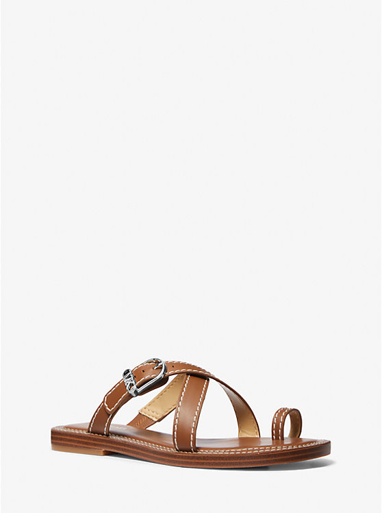 Michael Kors Ashton Leather Flat Women Sandals LUGGAGE | USASGS1775