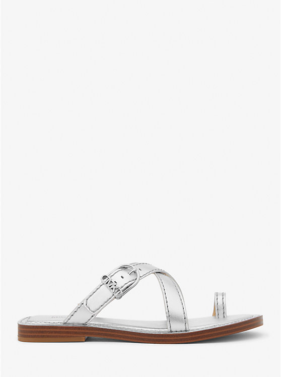 Michael Kors Ashton Metallic Leather Flat Women Sandals SILVER | USADFD1776