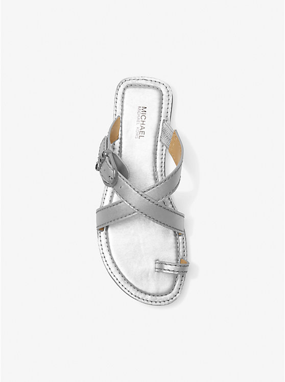 Michael Kors Ashton Metallic Leather Flat Women Sandals SILVER | USADFD1776