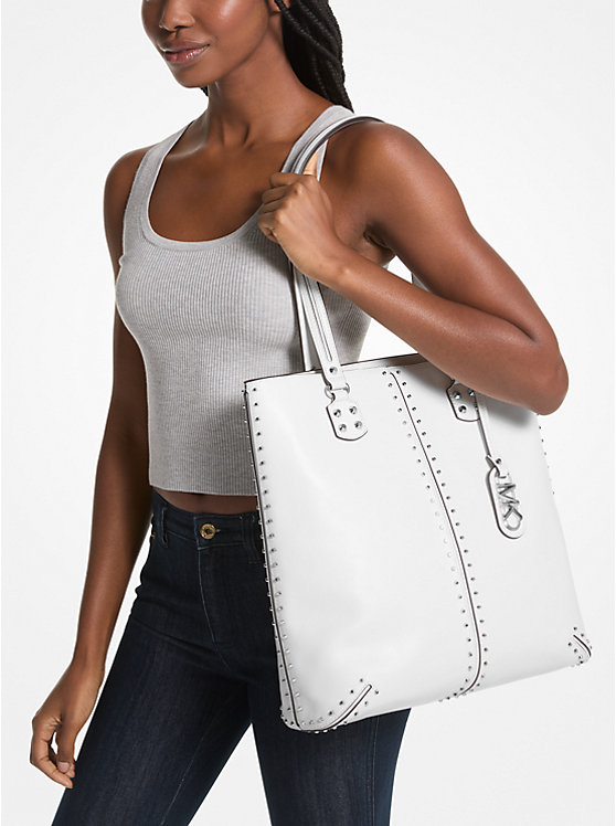 Michael Kors Astor Large Studded Leather Women Tote Bag OPTIC WHITE | USAWNL1242