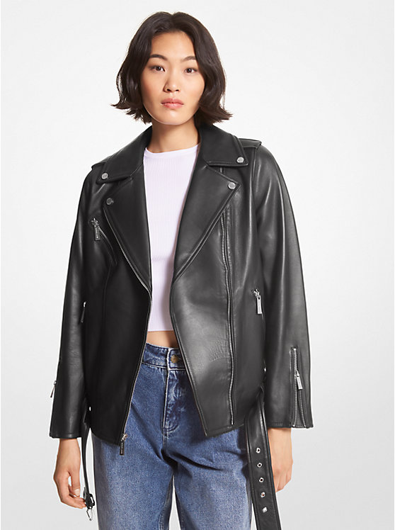 Michael Kors Belted Leather Biker Women Jacket BLACK | USAYXC1353