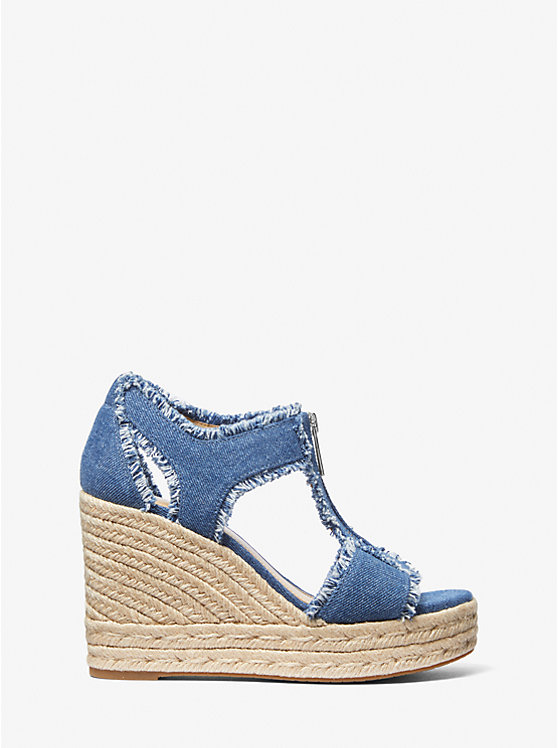 Michael Kors Berkley Frayed Denim Wedge Women Sandals DENIM | USABEB1787