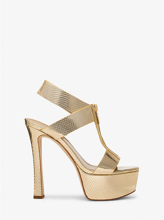 Michael Kors Berkley Metallic Snake Embossed Leather Platform Women Sandals PALE GOLD | USABEW1792