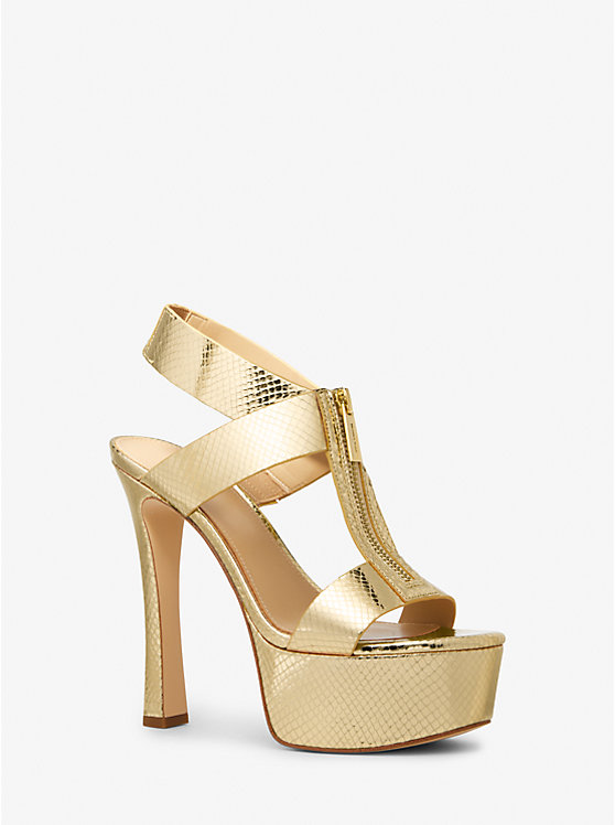 Michael Kors Berkley Metallic Snake Embossed Leather Platform Women Sandals PALE GOLD | USABEW1792