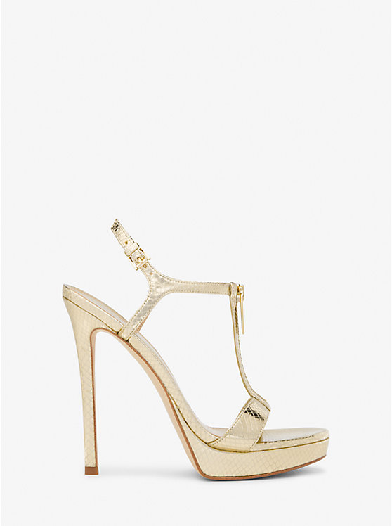 Michael Kors Berkley Metallic Snake Embossed Leather Stiletto Women Sandals PALE GOLD | USAVRE1793