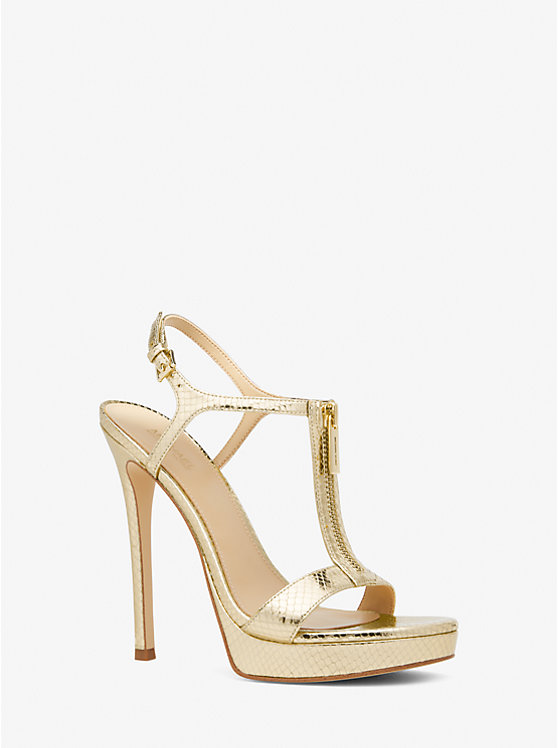 Michael Kors Berkley Metallic Snake Embossed Leather Stiletto Women Sandals PALE GOLD | USAVRE1793