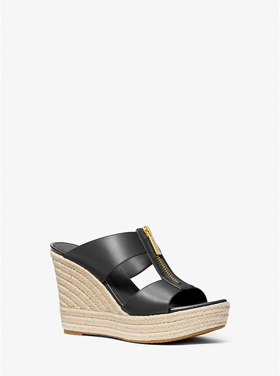 Michael Kors Bradley Leather Wedge Women Sandals BLACK | USACTR1794