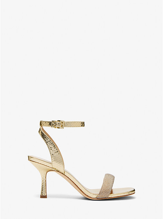 Michael Kors Carrie Embellished Metallic Snake Embossed Leather Women Sandals PALE GOLD | USAGSA1801