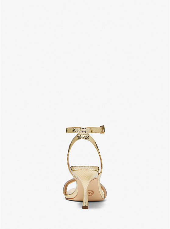 Michael Kors Carrie Embellished Metallic Snake Embossed Leather Women Sandals PALE GOLD | USAGSA1801